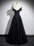 Uniwim Black Off Shoulder A-line Tulle with Lace Party Dress, Black Long Prom Dress