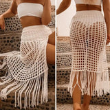 Uniwim New Sexy Summer Women's Beach Cover Up Womens Fish Net Hollow Out Bikini Cover-Ups Beach Ladies Solid White Holiday Split Skirts