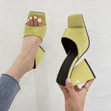 Uniwim 2024  Women Design 10Cm High Heels Slides Mules Summer Peep Toe Patent Leather Green Yellow Thick Block Heels Slippers Party Shoe