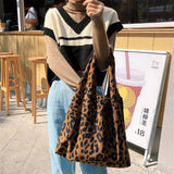 Uniwim Female Ins Autumn and Winter Leopard Print Chic Korean Corduroy Shoulder Canvas Bag Shopping Tote Bag Women's Shopper Bag Bolsas