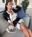 Uniwim Hight Quality Autumn New Black White Patchwork Full Sleeves Button Crop Top Bodycon Mini Bandage Dress Elegant Femal Club Party