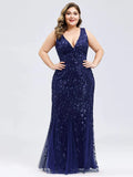 Uniwim Plus Size Sleeveless Cocktail Dress V Neck  Back Mermaid Party Prom Gowns Tulle Sequins Full estidoes Women