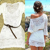 Uniwim New Sexy Women Lace Crochet Bikini Beach Boho Dress Hollow Out Loose Dresses Three Quarter Sleeve Beachwear Mini Dress