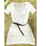 Uniwim New Sexy Women Lace Crochet Bikini Beach Boho Dress Hollow Out Loose Dresses Three Quarter Sleeve Beachwear Mini Dress