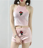 4 Colors Sexy Women Rose Embroidery Velvet 2 Two piece set 2024 New Halter Tank Camis Crop Top with Brief Panties Sets Outfit