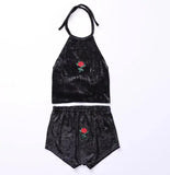 4 Colors Sexy Women Rose Embroidery Velvet 2 Two piece set 2024 New Halter Tank Camis Crop Top with Brief Panties Sets Outfit