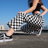 Punk Plaid Straight Wide Leg Pants Women Checkerboard Casual Loose Long Trousers Bottom Femme Sweatpants Hip hop Y2K Pantalon