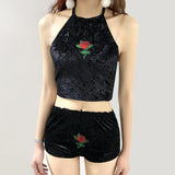 4 Colors Sexy Women Rose Embroidery Velvet 2 Two piece set 2024 New Halter Tank Camis Crop Top with Brief Panties Sets Outfit