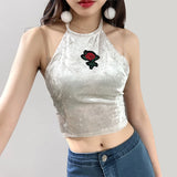 4 Colors Sexy Women Rose Embroidery Velvet 2 Two piece set 2024 New Halter Tank Camis Crop Top with Brief Panties Sets Outfit