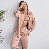 Uniwim Casual Pajamas For Women 3 Piece Set Turn Down Collar Long Sleeve Tops Bra Female Sets With Pants Solid Home Wear 2024 sleepwear