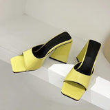 Uniwim 2024  Women Design 10Cm High Heels Slides Mules Summer Peep Toe Patent Leather Green Yellow Thick Block Heels Slippers Party Shoe