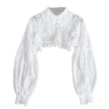 Uniwim Women Puff Long Sleeve Lapel Half Top Blouse Hollow Out Eyelash Floral Lace Detachable False Fake Collar Dickey Necklace