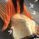 Uniwim Yellow 3D Flower Lace Skrit Women High Waist Mesh Long Skrit Female elegant Midi tulle skirt Sweet Cute Student School Wear saia