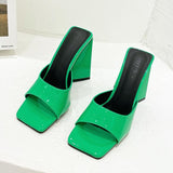 Uniwim 2024  Women Design 10Cm High Heels Slides Mules Summer Peep Toe Patent Leather Green Yellow Thick Block Heels Slippers Party Shoe