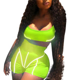 Casual Neon Color Women Two Piece Sets Fashion Reflective Active Wear Tracksuit Crop Top And Shorts Matching Set Sport