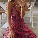 Uniwim Women Boho Vintage Maxi Dress Loose Flora Print Deep V Neck High Waist Dresses Spaghetti Strap Summer Retro Vestidos Clothes