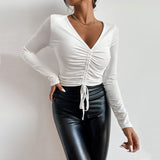 2000s fashion 2024 Autumn and Winter Long Sleeve V-neck Women's Sexy Navel Drawstring Women's Top