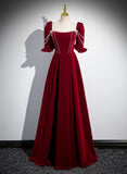 Uniwim Wine Red Velvet Short Sleeves Long Prom Dress, Wine Red A-line Evening Dress