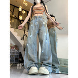 teacher outfits American-Style Washed Distressed Ripped Jeans for Women Spring and Summer New Style Waste Soil Style High Waist Slimming Loose Wide Leg Pants Fashion