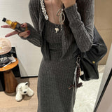 genderless fashion D8 Autumn New Korean Style Beaded Sequin Stitching Cardigan + Sling Dress Long Dress Two-Piece Set Lazy Suit Women