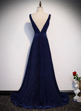 Uniwim 2024 A-line Navy Blue V-neckline Long Party Dress, Navy Blue Long Prom Dress