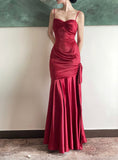 Uniwim Wine Red Satin Sweetheart Straps Prom Dress, Wine Red Long Evening Dress