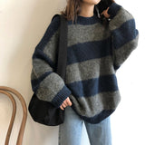 mens fashion Autumn and Winter 2024 Contrast Color Striped Lazy Style Knitted Sweater Women's Pullover Loose Casual Sweater