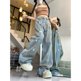 teacher outfits American-Style Washed Distressed Ripped Jeans for Women Spring and Summer New Style Waste Soil Style High Waist Slimming Loose Wide Leg Pants Fashion