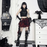 y2k Summer 2024 New Dark Style Sexy Black Plaid Polka Dot Mesh Irregular Pettiskirt for Women