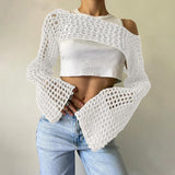 2000s fashion Sexy Hollow Sweater Solid Color round Neck Long Sleeve Knitted Blouse New