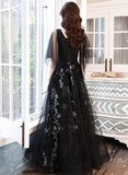 Uniwim Black Beaded Straps A-line Floor Length Party Dress, Black Tulle Long Prom Dress