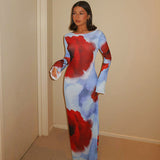 birthday outfit Fashionable Printed Long Dress 2024 Autumn Women's New Long Sleeve Sexy Backless Dress