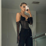 frat outfits Hot Sexy Halter Lace-up Backless Mesh Stitching Vest Spring Solid Color Top