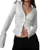 Women's Basic Single-Row Buckle Waist-Tight Loop Shirt Early Autumn New Sexy Polo Long-Sleeved Top