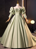 Uniwim Green Satin Off Shoulder Long Formal Dress, Green Long Evening Dress Sweet 16 Dress