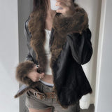 cold weather outfits 2024 Autumn and Winter Maillard Fur Collar Leather Coat American Street Hot Girl Style Loose Cardigan Top