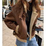 fashion Fur Integrated Autumn and Winter Retro Handsome Loose Thick Lapel Warm Motorcycle Clothing Zipper Cardigan Coat for Women