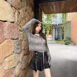 masc outfits Waste Soil Wind Gradient Color Hollow Crocheted Loose All-Match Sweater (with Tie) Top