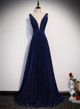 Uniwim 2024 A-line Navy Blue V-neckline Long Party Dress, Navy Blue Long Prom Dress