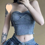 2024 fall fashion trends Pure Hot Girl Sexy Denim Suit Women's Summer Tight Waist Tube Top High Waist Short Skirt