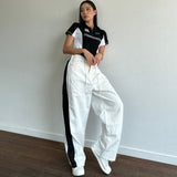 2024 fall fashion trends Fall 2024 Korean Style Fashionable Stitching Contrast Color Drawstring Waist Jeans Loose Casual All-Match Straight Pants 2 Colors