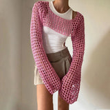 Uniwim 2000s fashion Sexy Hollow Sweater Solid Color round Neck Long Sleeve Knitted Blouse New