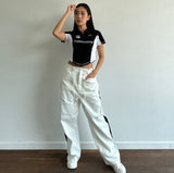 2024 fall fashion trends Fall 2024 Korean Style Fashionable Stitching Contrast Color Drawstring Waist Jeans Loose Casual All-Match Straight Pants 2 Colors