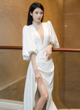 Uniwim 2024 Beautiful White Puffy Sleeves Long Party Dress with Leg Slit, White Wedding Party Dress