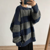 mens fashion Autumn and Winter 2024 Contrast Color Striped Lazy Style Knitted Sweater Women's Pullover Loose Casual Sweater