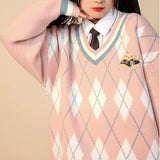 cold weather outfits Pink Rhombus Niche V-neck Sweater Female College Style Sweet Loose Slimming Top Autumn and Winter