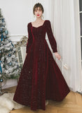 Uniwim Wine Red Velvet Long Sleeves A-line Party Dress, Wine Red Long Formal Dress