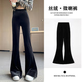 going out winter outfits Gold Velvet Flared Pants Women's Autumn and Winter Elastic Waist Horseshoe Pants Draping Loose Straight Mop Pants