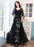 Uniwim Black Beaded Straps A-line Floor Length Party Dress, Black Tulle Long Prom Dress