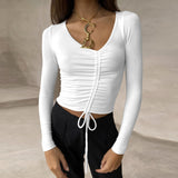 2000s fashion 2024 Autumn and Winter Long Sleeve V-neck Women's Sexy Navel Drawstring Women's Top